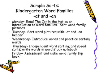 Sample Sorts: Kindergarten Word Families -at and -an Monday- Read  The Cat in the Hat  as an introduction to word families.  Sort word family pictures Tuesday- Sort word pictures with –at and –an header Wednesday- Introduce words and practice sorting words Thursday- Independent word sorting, and speed sorts; write words in word study notebook Friday- Assessment and make word family flip book 