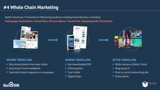 #4 Whole Chain Marketing 
Baidu Travel has 7 Channels to influencing audience making travel decision, including: 
Homepage, Destination, Travel Note, Picture Album, Travel Plan, Shopping Mall, Promotion. 
BEFORE TRAVELLING DURING TRAVELLING AFTER TRAVELLING 
Write review on Baidu Travel 
Blog about it 
Post on social networking site 
Share photo 
Recommendation from past visitor 
Download Travel Guidebook 
Specialist travel magazine or newspaper 
See downloaded PDF 
Online guides 
Tour Guide 
Digital Maps 
 