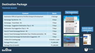 Destination Package 
TOURISM BOARD 
Content Basic 
Destination Official Experience Pavillion Design & Development 1 Package 
Homepage Top Banner - R1 4 Days 
Homepage - Travel Note - R2 7 Days 
Homepage - Suggestion Destination (Top.1) - R3 7 Days 
Destination Top Suggestion (Top.1) - R4 7 Days 
Hao123 Travel Homepage Banner - R5 7 Days 
Hao123 Travel Homepage Destination Top 1 Position promotion - R6 7 Days 
Hao123 Travel Homepage Hot Destination Suggestion - R7 7 Days 
3 Video Ad in landing page 6 month / 1 year 
Package Price (1 year) ￥2,000,000 
Package Price (6 month) ￥1,500,000 
Top Suggestions 
Articles about 
destination 
 