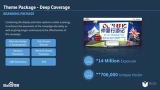 Combining the display ads these options creates a synergy 
to enhance the awareness of the campaign discreetly as 
well as giving longer sustenance to the effectiveness of 
the campaign. 
*14 Million Exposure 
**700,000 Unique Visitor 
Theme Package - Deep Coverage 
BRANDING PACKAGE 
Full-Screen 
Skinner 
Word-of-mouth 
Solutions 
SNS 
Mini-site Design 
& Development 
Banners 
Promotion 
EDM Marketing 
 
