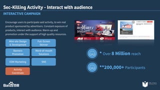 Sec-Killing Activity - Interact with audience 
INTERACTIVE CAMPAIGN 
Encourage users to participate said activity, to win real 
product sponsored by advertisers. Constant exposure of 
products, interact with audience. Warm-up and 
promotion under the support of high quality resources. 
* Over 8 Million reach 
**200,000+ Participants 
Full-Screen 
Skinner 
Word-of-mouth 
Solutions 
SNS 
Mini-site Design 
& Development 
Banners 
Promotion 
EDM Marketing 
Activity 
Coordinate 
 