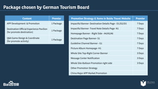 Package chosen by German Tourism Board 
Content Premier 
APP Development & Promotion 1 Package 
Destination Official Experience Pavilion 
(for promote destination) 1 Package 
Q&A Game Design & Coordinate 
(for promote activity) 1 Package 
Promotion Strategy & Items in Baidu Travel Website Premier 
Impactful Banner- Destination Details Page - D1/D2/D3 7 Days 
Impactful Banner- Travel Note Details Page- N1 7 Days 
Homepage Banner - Right Side - A4/A5/A6 7 Days 
Destination Page Banner- S1 7 Days 
Guideline Channel Banner - G1 7 Days 
Picture Album Homepage- H1 7 Days 
Whole Site Top-Right Corner Banner 3 Days 
Message Center Notification 3 Days 
Whole Site-Balloon Promotion right side 3 Days 
Other Promotion Strategy 
China Major APP Market Promotion 
 