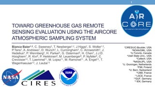 TOWARD GREENHOUSE GAS REMOTE
SENSING EVALUATION USING THE AIRCORE
ATMOSPHERIC SAMPLING SYSTEM
Bianca Baier1,2, C. Sweeney2, T. Newberger1,2, J.Higgs2, S. Wolter1,2,
P.Tans2, A. Andrews2, D. Wunch3, L. Cunningham3, C. Arrowsmith3, J.
Hedelius4, P. Wennberg5, H. Parker5, G. Osterman6, H. Chen7, J.J.D.
Hooghiem7, R. Kivi8, P. Heikkinen8, M. Leuenberger9, P. Nyfeler9, C.
Crevoisier10, T. Laemmel11, M. Lopez11, M. Ramonet11 , A. Engel12, T.
Wagenhaeuser12, J. Laube13
1CIRES/UC-Boulder, USA
2NOAA/GML, USA
3U.Toronto, Canada
4Utah State Univ., USA
5Caltech, USA
6NASA/JPL, USA
7U. Groningen, Netherlands
8FMI, Finland
9U. Bern, Switzerland
10LMD, France
11LSCE, France
12GUF, Germany
13 IEK, Germany
1
 