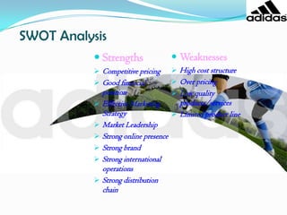 VisionMissionOur mission is to become the best sports brand in the world. To that end, we will never equate quantity with quality. Our founder AdiDassler was passionate about sports. For Adi, the athlete came first. He gave those on the field, the court and the track the unexpected and the little differences that made them more comfortable and improved performance. This is our legacy. This is what the brand stands for. This will never change."