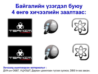 Байгалийн үзэгдэл буюу
      4 өнгө хичээлийн заалтаас:




Хичээлд ашиглагдсан материалыг :
ДУА-ын ОБЕГ, УЦУОШТ, Дархан цахилгаан түгээх сүлжээ, DBS tv-ээс авсан.
 