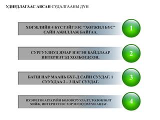 УДИРДЛАГААС АВСАН СУДАЛГААНЫ ДҮН




       ХӨГЖЛИЙН 4 БҮСТЭЙГЭЭС “ХӨГЖИЛ БҮС”           1
             САЙН АЖИЛЛАЖ БАЙГАА.




         СУРГУУЛИУД ЯМАР НЭГЭН БАЙДЛААР             2
             ИНТЕРНЭТЭД ХОЛБОГДСОН.



        БАГШ НАР МААНЬ БХТ-Д САЙН СУУДАГ. 1
             СУУХДАА 2 – 3 ЦАГ СУУДАГ.
                                                    3


       ИХЭВЧЛЭН АРГАЗҮЙН БОЛОВСРУУЛАЛТ, ТӨЛӨВЛӨЛТ
         ХИЙЖ, ИНТЕРНЭТЭЭС ХЭРЭГЛЭГДЭХҮҮН АВДАГ.    4
 
