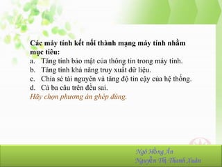Các máy tính kết nối thành mạng máy tính nhằm
mục tiêu:
a. Tăng tính bảo mật của thông tin trong máy tính.
b. Tăng tính khả năng truy xuất dữ liệu.
c. Chia sẻ tài nguyên và tăng độ tin cậy của hệ thống.
d. Cả ba câu trên đều sai.
Hãy chọn phương án ghép đúng.

Ngô Hồng Ân
Nguyễn Thị Thanh Xuân

 