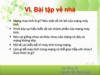 VI. Bài tập về nhà
 Mạng máy tính là gì? Nêu một số ích lợi của mạng máy
tính.
 Trình bày sự hiểu biết về các thành phần của mạng máy
tính.
 Nêu sự giống nhau và khác nhau của mạng có dây và
mạng không dây.
 Mô tả các kiểu bố trí máy tính trong mạng.
 Làm gì để máy tính trong mạng có thể giao tiếp với nhau?
Giao thức là gì?

Ngô Hồng Ân
Nguyễn Thị Thanh Xuân

 