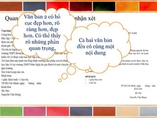 Văn văn có bố
Quan sát haibản 2 bản sau và nhận xét
cục đẹp hơn, rõ
ràng hơn, đẹp
hơn. Có thể thấy
rõ những phần
quan trọng.

Cả hai văn bản
đều có cùng một
nội dung

 