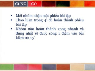 CỦNG

CỐ

 Mỗi nhóm nhận một phiếu bài tập
 Thảo luận trong 4’ để hoàn thành phiếu
bài tập
 Nhóm nào hoàn thành xong nhanh và
đúng nhất sẽ được cộng 1 điểm vào bài
kiểm tra 15’

 