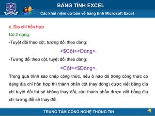 Các khái niệm cơ bản về bảng tính Microsoft Excel
Next
BẢNG TÍNH EXCEL
c. Địa chỉ hỗn hợp
Có 2 dạng:
-Tuyệt đối theo cột, tương đối theo dòng:
<$Cột><Dòng>.
-Tương đối theo cột, tuyệt đối theo dòng:
<Cột><$Dòng>.
Trong quá trình sao chép công thức, nếu ô nào đó trong công thức có
dạng địa chỉ hỗn hợp thì thành phần cột (hay dòng) được viết bằng địa
chỉ tuyệt đối thì sẽ không thay đổi, còn thành phần được viết bằng địa
chỉ tương đối sẽ thay đổi.
TRUNG TÂM CÔNG NGHỆ THÔNG TIN
 