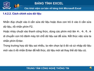 Các khái niệm cơ bản về bảng tính Microsoft Excel
Next
BẢNG TÍNH EXCEL
1.4.2.2. Cách chỉnh sửa dữ liệu
Nhấn đúp chuột vào ô cần sửa dữ liệu hoặc đưa con trỏ ô vào ô cần sửa
dữ liệu, rồi nhấn phím F2.
Hoặc nháy chuột vào thanh công thức, dùng các phím mũi tên , , , 
di chuyển con trỏ đánh máy tới chỗ dữ liệu sai để sửa. Kết thúc việc sửa ta
nhấn phím Enter.
Trong trường hợp dữ liệu sai nhiều, ta nên chọn lại ô đó và cứ nhập dữ liệu
mới vào ô rồi nhấn Enter để kết thúc, dữ liệu mới sẽ thay thế dữ liệu cũ.
TRUNG TÂM CÔNG NGHỆ THÔNG TIN
 