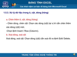 Các khái niệm cơ bản về bảng tính Microsoft Excel
Next
BẢNG TÍNH EXCEL
1.5.3. Xử lý dữ liệu trong ô, cột, dòng (hàng)
a. Chèn thêm ô, cột, dòng (hàng)
- Chèn dòng, chèn cột: Chọn các dòng (cột) tại vị trí cần chèn thêm
các dòng (cột) mới.
-Chọn lệnh Insert / Row (Column).
b. Xoá dòng, xoá cột
Xoá dòng, xoá cột: Chọn dòng (cột) cần xoá rồi ra lệnh Edit/ Delete.
TRUNG TÂM CÔNG NGHỆ THÔNG TIN
 