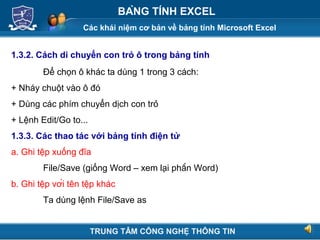 Các khái niệm cơ bản về bảng tính Microsoft Excel
Next
BẢNG TÍNH EXCEL
1.3.2. Cách di chuyển con trỏ ô trong bảng tính
Để chọn ô khác ta dùng 1 trong 3 cách:
+ Nháy chuột vào ô đó
+ Dùng các phím chuyển dịch con trỏ
+ Lệnh Edit/Go to...
1.3.3. Các thao tác với bảng tính điện tử
a. Ghi tệp xuống đĩa
File/Save (giống Word – xem lại phần Word)
b. Ghi tệp với tên tệp khác
Ta dùng lệnh File/Save as
TRUNG TÂM CÔNG NGHỆ THÔNG TIN
 