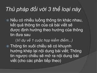 3. ThểloạiPhóngsự - Bútký -  Điềutra(Giớithiệu)Là sự phát triển của Bài phản ánhĐược thực hiện trên cơ sở tìm hiểu các chi tiết mang nội dung thông tin để giải đáp các câu hỏi mà thể loại tin này yêu cầu một cách cụ thểKết quả của các thể loại này là Cung cấp những thông tin đảm bảo tính thuyết phục để hướng người đọc đến một nhận thức mà người viết mong muốn 