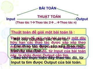 BÀI TOÁN 
Input THUẬT TOÁN Output 
(Thao tác 1Thao tác 2...Thao tác n) 
Thuật toán để giải một bài toán là : 
• Một dãy hữu hạn các thao tác. 
• Các thao tác được sắp xếp theo một 
trình tự xác định. 
• Sau khi thực hiện dãy thao tác đó, từ 
Input ta tìm được Output của bài toán. 
Thuật toán để giải một bài toán là một dãy 
hữu hạn các thao tác được sắp xếp theo 
một trình tự xác định sao cho sau khi thực 
hiện dãy thao tác đó, từ Input của bài toán 
này, ta nhận được Output cần tìm. 
 