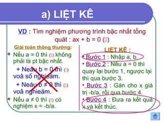 a) LIỆT KÊ 
VD : Tìm nghiệm phương trình bậc nhất tổng 
quát : ax + b = 0 () 
Giải toán thông thường: 
 Nếu a = 0 thì () không 
phải là pt bậc nhất. 
+ Neáu b = 0 thì () 
voâ số nghieäm. 
+ Neáu b ≠ 0 thì () 
voâ nghieäm. 
 Nếu a ≠ 0 thì () có 
nghiệm x = -b/a. 
LIỆT KÊ : 
• Bước 1 : Nhập a, b. 
• Bước 2 : Nếu a = 0 thì 
quay lại bước 1, ngược lại 
thì qua bước 3. 
• Bước 3 : Gán cho x giá 
trị -b/a, rồi qua bước 4. 
• Bước 4 : Đưa ra kết quả 
x và kết thúc. 
 