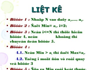 LLIIỆỆTT KKÊÊ 
 Böôùc 1 : Nhaäp N vaø daõy a1,…, aN. 
 Böôùc 2 : Ñaët Min= a1, i=2; 
 Böôùc 3 : Neáu i<=N thì thöïc hieän 
böôùc 4, neáu khoâng thì 
chuyeån ñeán böôùc 5. 
 Böôùc 4 : 
4.1. Neáu Min > ai thì ñaët Max=ai. 
4.2. Taêng i moät ñôn vò roài quay 
veà böôùc 3 
 Böôùc 5 : Ñöa ra Min roài keát thuùc. 
 