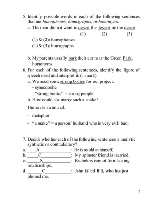 5. Identify possible words in each of the following sentences 
2 
that are homophones, homographs, or homonyms. 
a. The man did not want to desert the dessert on the desert. 
(1) (2) (3) 
(1) & (2): homophones 
(1) & (3): homographs 
b. My parents usually park their car near the Green Park. 
homonyms 
6. For each of the following sentences, identify the figure of 
speech used and interpret it. (1 mark) 
a. We need some strong bodies for our project. 
- synecdoche 
- “strong bodies” = strong people 
b. How could she marry such a snake! 
Human is an animal. 
- metaphor 
- “a snake” = a person/ husband who is very evil/ bad. 
7. Decide whether each of the following sentences is analytic, 
synthetic or contradictory? 
a. ____A_______________: He is as old as himself. 
b. _____C______________: My spinster friend is married. 
c. ______S_____________: Bachelors cannot form lasting 
relationships. 
d. _______C____________: John killed Bill, who has just 
phoned me. 
 