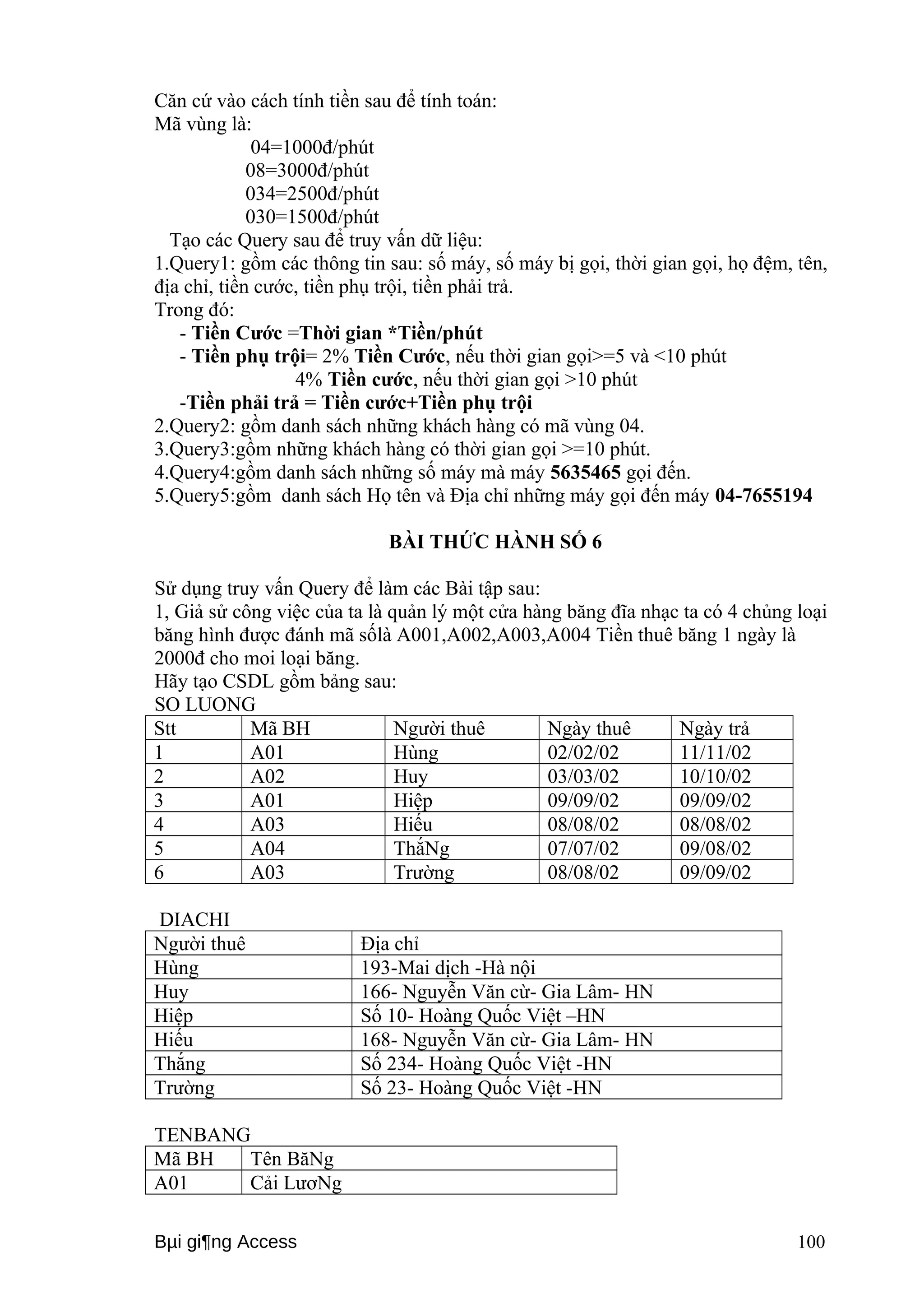 Căn cứ vào cách tính tiền sau để tính toán: 
Mã vùng là: 
04=1000đ/phút 
08=3000đ/phút 
034=2500đ/phút 
030=1500đ/phút 
Tạo các Query sau để truy vấn dữ liệu: 
1.Query1: gồm các thông tin sau: số máy, số máy bị gọi, thời gian gọi, họ đệm, tên, 
địa chỉ, tiền cước, tiền phụ trội, tiền phải trả. 
Trong đó: 
- Tiền Cước =Thời gian *Tiền/phút 
- Tiền phụ trội= 2% Tiền Cước, nếu thời gian gọi>=5 và <10 phút 
4% Tiền cước, nếu thời gian gọi >10 phút 
-Tiền phải trả = Tiền cước+Tiền phụ trội 
2.Query2: gồm danh sách những khách hàng có mã vùng 04. 
3.Query3:gồm những khách hàng có thời gian gọi >=10 phút. 
4.Query4:gồm danh sách những số máy mà máy 5635465 gọi đến. 
5.Query5:gồm danh sách Họ tên và Địa chỉ những máy gọi đến máy 04-7655194 
BÀI THỨC HÀNH SỐ 6 
Sử dụng truy vấn Query để làm các Bài tập sau: 
1, Giả sử công việc của ta là quản lý một cửa hàng băng đĩa nhạc ta có 4 chủng loại 
băng hình được đánh mã sốlà A001,A002,A003,A004 Tiền thuê băng 1 ngày là 
2000đ cho moi loại băng. 
Hãy tạo CSDL gồm bảng sau: 
SO LUONG 
Stt Mã BH Người thuê Ngày thuê Ngày trả 
1 A01 Hùng 02/02/02 11/11/02 
2 A02 Huy 03/03/02 10/10/02 
3 A01 Hiệp 09/09/02 09/09/02 
4 A03 Hiếu 08/08/02 08/08/02 
5 A04 ThắNg 07/07/02 09/08/02 
6 A03 Trường 08/08/02 09/09/02 
DIACHI 
Người thuê Địa chỉ 
Hùng 193-Mai dịch -Hà nội 
Huy 166- Nguyễn Văn cừ- Gia Lâm- HN 
Hiệp Số 10- Hoàng Quốc Việt –HN 
Hiếu 168- Nguyễn Văn cừ- Gia Lâm- HN 
Thắng Số 234- Hoàng Quốc Việt -HN 
Trường Số 23- Hoàng Quốc Việt -HN 
TENBANG 
Mã BH Tên BăNg 
A01 Cải LươNg 
Bμi gi¶ng Access 100 
 