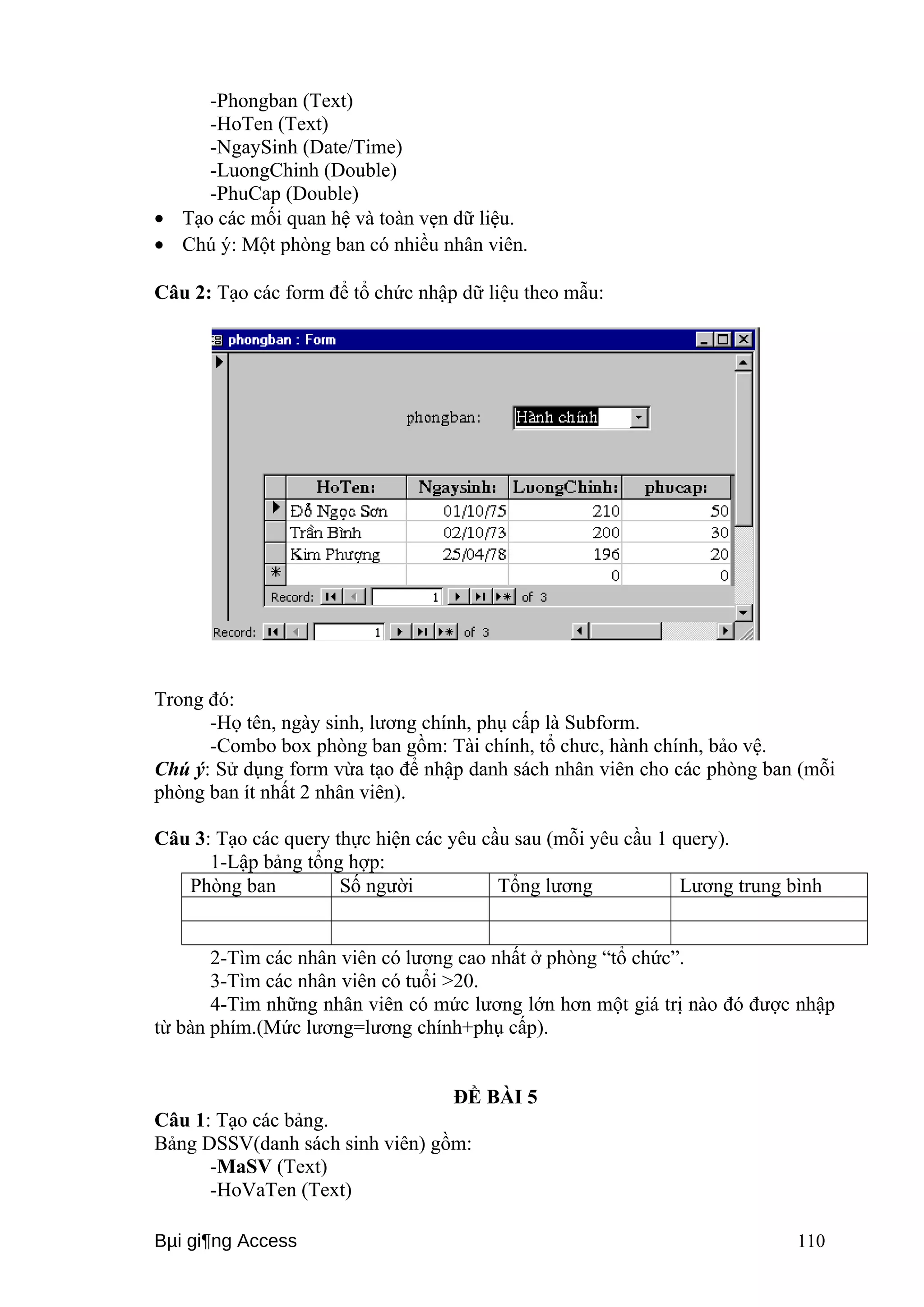 -Phongban (Text) 
-HoTen (Text) 
-NgaySinh (Date/Time) 
-LuongChinh (Double) 
-PhuCap (Double) 
· Tạo các mối quan hệ và toàn vẹn dữ liệu. 
· Chú ý: Một phòng ban có nhiều nhân viên. 
Câu 2: Tạo các form để tổ chức nhập dữ liệu theo mẫu: 
Trong đó: 
-Họ tên, ngày sinh, lương chính, phụ cấp là Subform. 
-Combo box phòng ban gồm: Tài chính, tổ chưc, hành chính, bảo vệ. 
Chú ý: Sử dụng form vừa tạo để nhập danh sách nhân viên cho các phòng ban (mỗi 
phòng ban ít nhất 2 nhân viên). 
Câu 3: Tạo các query thực hiện các yêu cầu sau (mỗi yêu cầu 1 query). 
1-Lập bảng tổng hợp: 
Phòng ban Số người Tổng lương Lương trung bình 
2-Tìm các nhân viên có lương cao nhất ở phòng “tổ chức”. 
3-Tìm các nhân viên có tuổi >20. 
4-Tìm những nhân viên có mức lương lớn hơn một giá trị nào đó được nhập 
từ bàn phím.(Mức lương=lương chính+phụ cấp). 
ĐỀ BÀI 5 
Câu 1: Tạo các bảng. 
Bảng DSSV(danh sách sinh viên) gồm: 
-MaSV (Text) 
-HoVaTen (Text) 
Bμi gi¶ng Access 110 
 