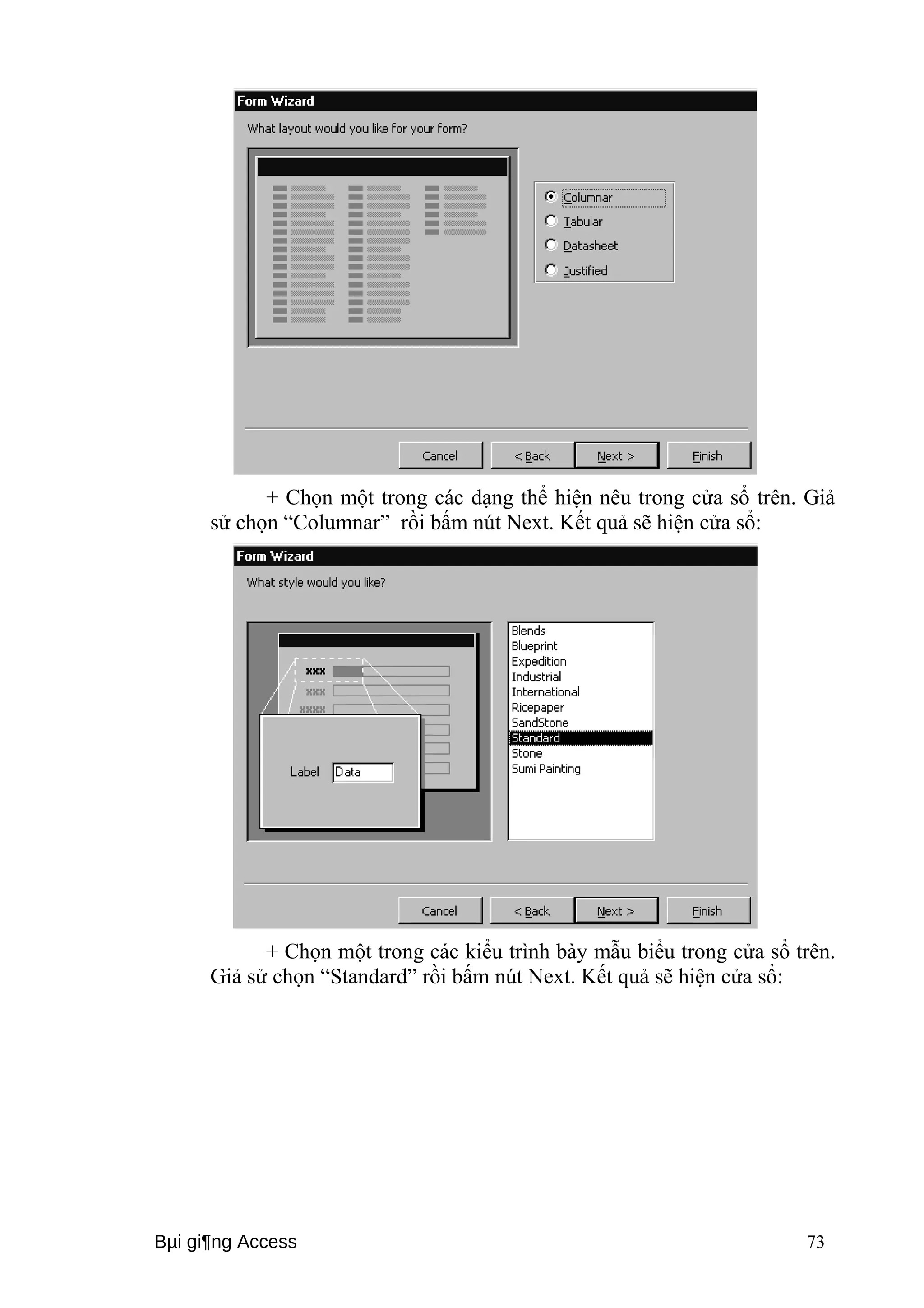 + Chọn một trong các dạng thể hiện nêu trong cửa sổ trên. Giả 
sử chọn “Columnar” rồi bấm nút Next. Kết quả sẽ hiện cửa sổ: 
+ Chọn một trong các kiểu trình bày mẫu biểu trong cửa sổ trên. 
Giả sử chọn “Standard” rồi bấm nút Next. Kết quả sẽ hiện cửa sổ: 
Bμi gi¶ng Access 73 
 