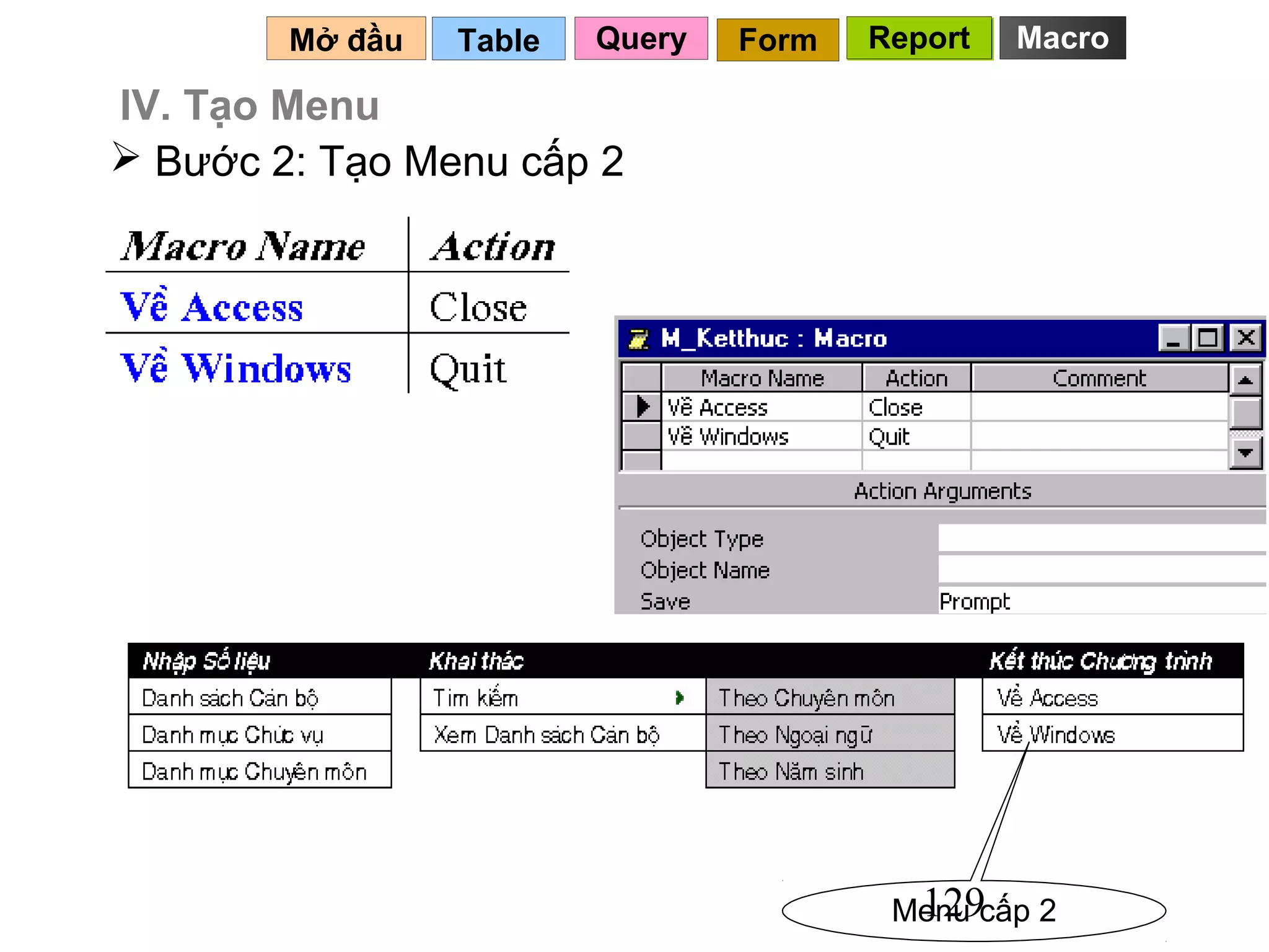 Mở đầu   Table   Query   Form   Report   Macro

IV. Tạo Menu
 Bước 2: Tạo Menu cấp 2




                                          129
                                         Menu cấp 2
 