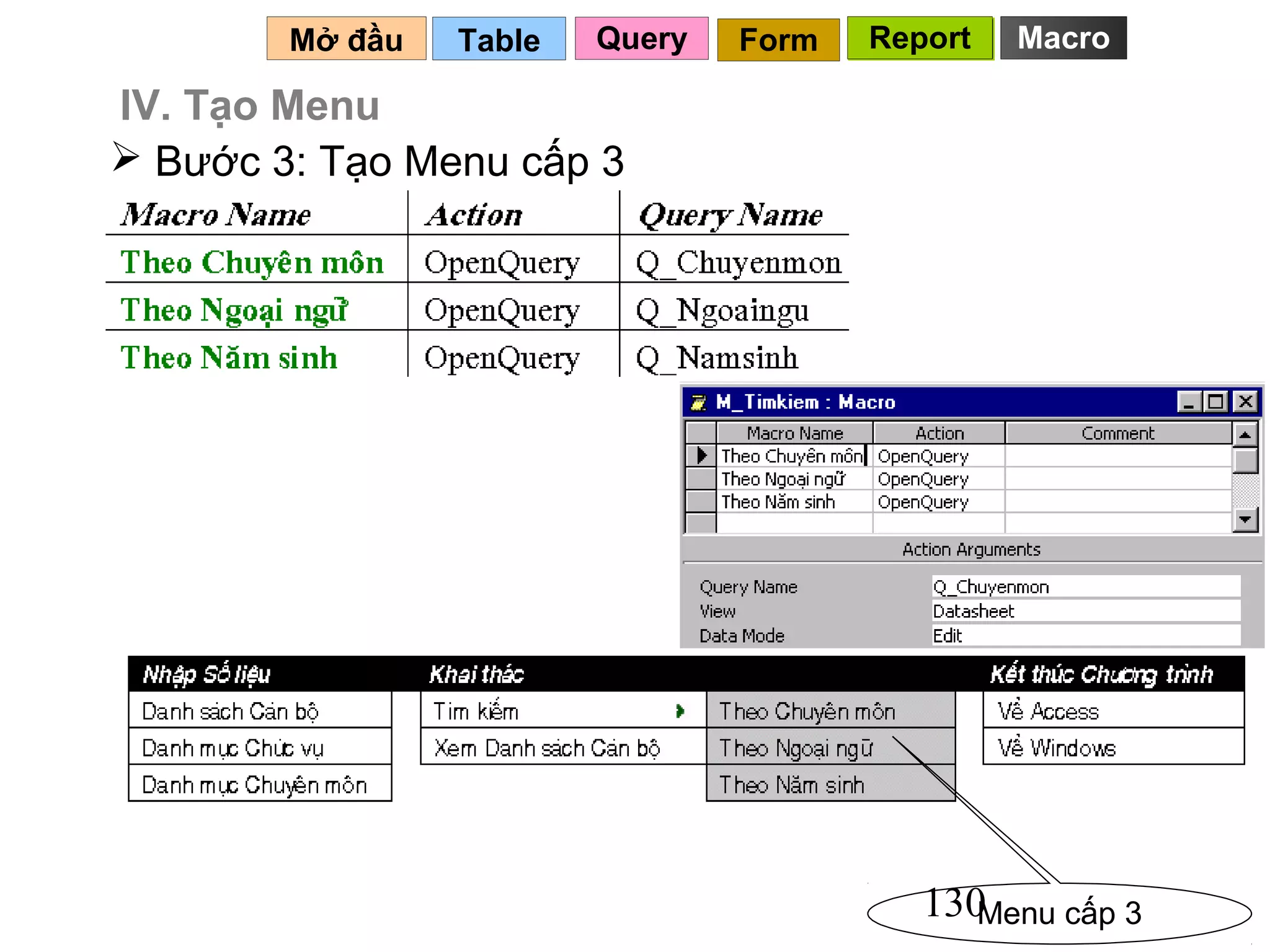 Mở đầu   Table   Query   Form   Report   Macro

IV. Tạo Menu
 Bước 3: Tạo Menu cấp 3




                                           130Menu cấp 3
 