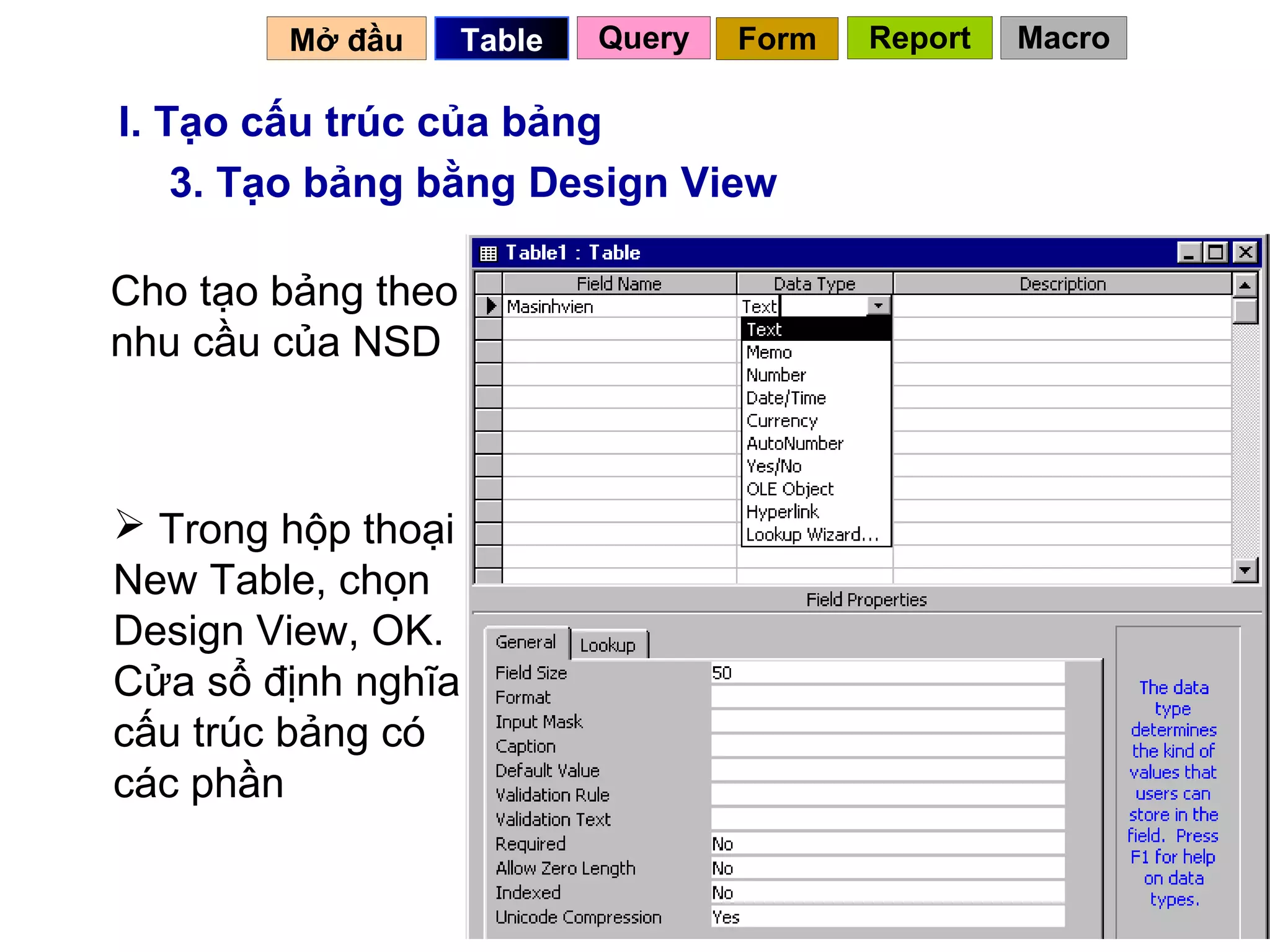 Mở đầu      Table   Query   Form   Report   Macro

I. Tạo cấu trúc của bảng
    3. Tạo bảng bằng Design View

Cho tạo bảng theo
nhu cầu của NSD



 Trong hộp thoại
New Table, chọn
Design View, OK.
Cửa sổ định nghĩa
cấu trúc bảng có
các phần

                                              14
 