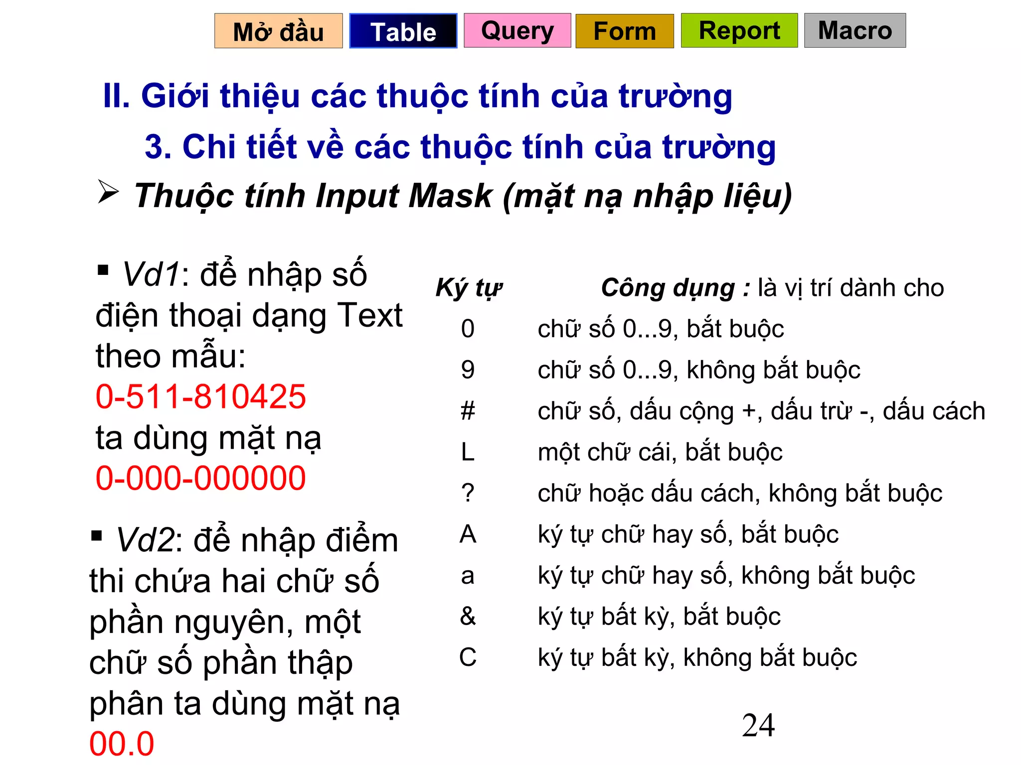 Mở đầu   Table       Query   Form     Report     Macro

II. Giới thiệu các thuộc tính của trường
    3. Chi tiết về các thuộc tính của trường
 Thuộc tính Input Mask (mặt nạ nhập liệu)

 Vd1: để nhập số      Ký tự         Công dụng : là vị trí dành cho
điện thoại dạng Text     0      chữ số 0...9, bắt buộc
theo mẫu:                9      chữ số 0...9, không bắt buộc
0-511-810425             #      chữ số, dấu cộng +, dấu trừ -, dấu cách
ta dùng mặt nạ           L      một chữ cái, bắt buộc
0-000-000000             ?      chữ hoặc dấu cách, không bắt buộc
 Vd2: để nhập điểm      A      ký tự chữ hay số, bắt buộc
thi chứa hai chữ số      a      ký tự chữ hay số, không bắt buộc
phần nguyên, một         &      ký tự bất kỳ, bắt buộc
chữ số phần thập         C      ký tự bất kỳ, không bắt buộc
phân ta dùng mặt nạ
                                                  24
00.0
 