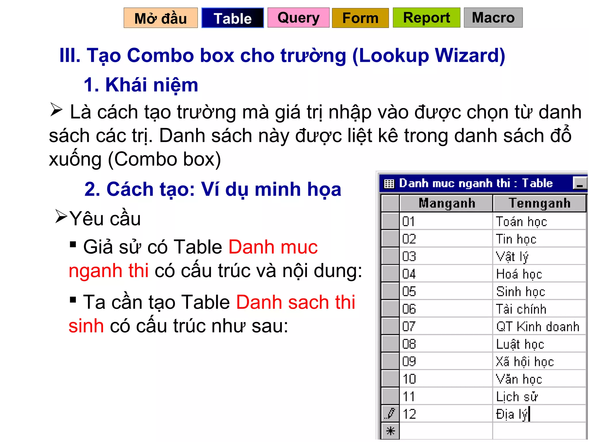 Mở đầu   Table   Query   Form   Report   Macro

 III. Tạo Combo box cho trường (Lookup Wizard)
     1. Khái niệm
 Là cách tạo trường mà giá trị nhập vào được chọn từ danh
sách các trị. Danh sách này được liệt kê trong danh sách đổ
xuống (Combo box)
   2. Cách tạo: Ví dụ minh họa
Yêu cầu
  Giả sử có Table Danh muc
 nganh thi có cấu trúc và nội dung:
   Ta cần tạo Table Danh sach thi
  sinh có cấu trúc như sau:



                                            27
 