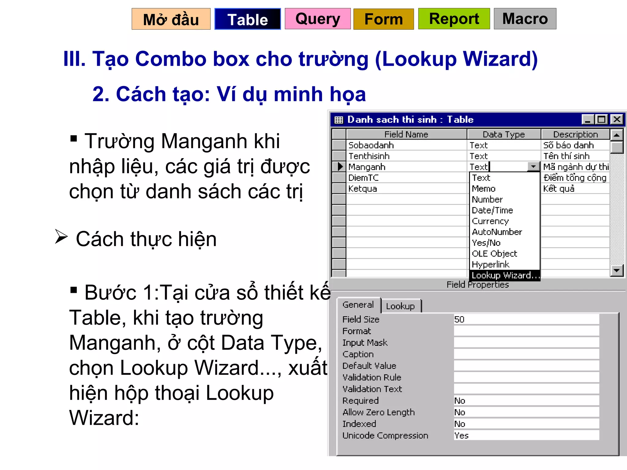 Mở đầu    Table   Query   Form   Report   Macro

III. Tạo Combo box cho trường (Lookup Wizard)
   2. Cách tạo: Ví dụ minh họa

  Trường Manganh khi
 nhập liệu, các giá trị được
 chọn từ danh sách các trị

 Cách thực hiện

  Bước 1:Tại cửa sổ thiết kế
 Table, khi tạo trường
 Manganh, ở cột Data Type,
 chọn Lookup Wizard..., xuất
 hiện hộp thoại Lookup
 Wizard:
                                             28
 