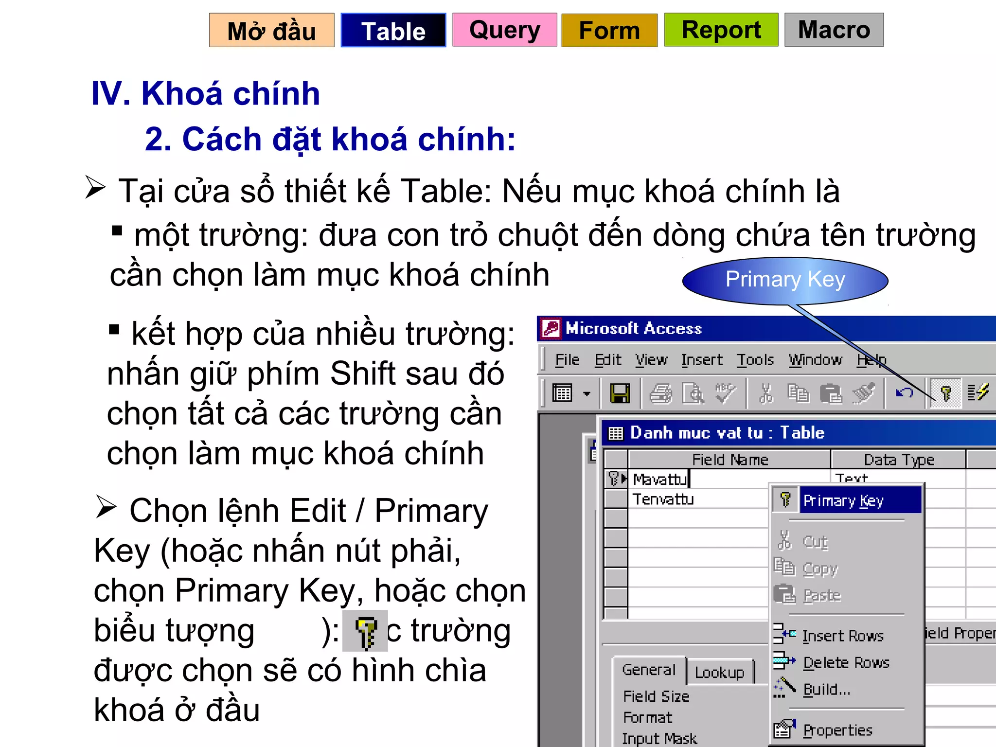 Mở đầu   Table   Query   Form   Report   Macro

IV. Khoá chính
    2. Cách đặt khoá chính:
 Tại cửa sổ thiết kế Table: Nếu mục khoá chính là
  một trường: đưa con trỏ chuột đến dòng chứa tên trường
 cần chọn làm mục khoá chính              Primary Key

  kết hợp của nhiều trường:
 nhấn giữ phím Shift sau đó
 chọn tất cả các trường cần
 chọn làm mục khoá chính
 Chọn lệnh Edit / Primary
Key (hoặc nhấn nút phải,
chọn Primary Key, hoặc chọn
biểu tượng    ): các trường
được chọn sẽ có hình chìa
khoá ở đầu                                  38
 