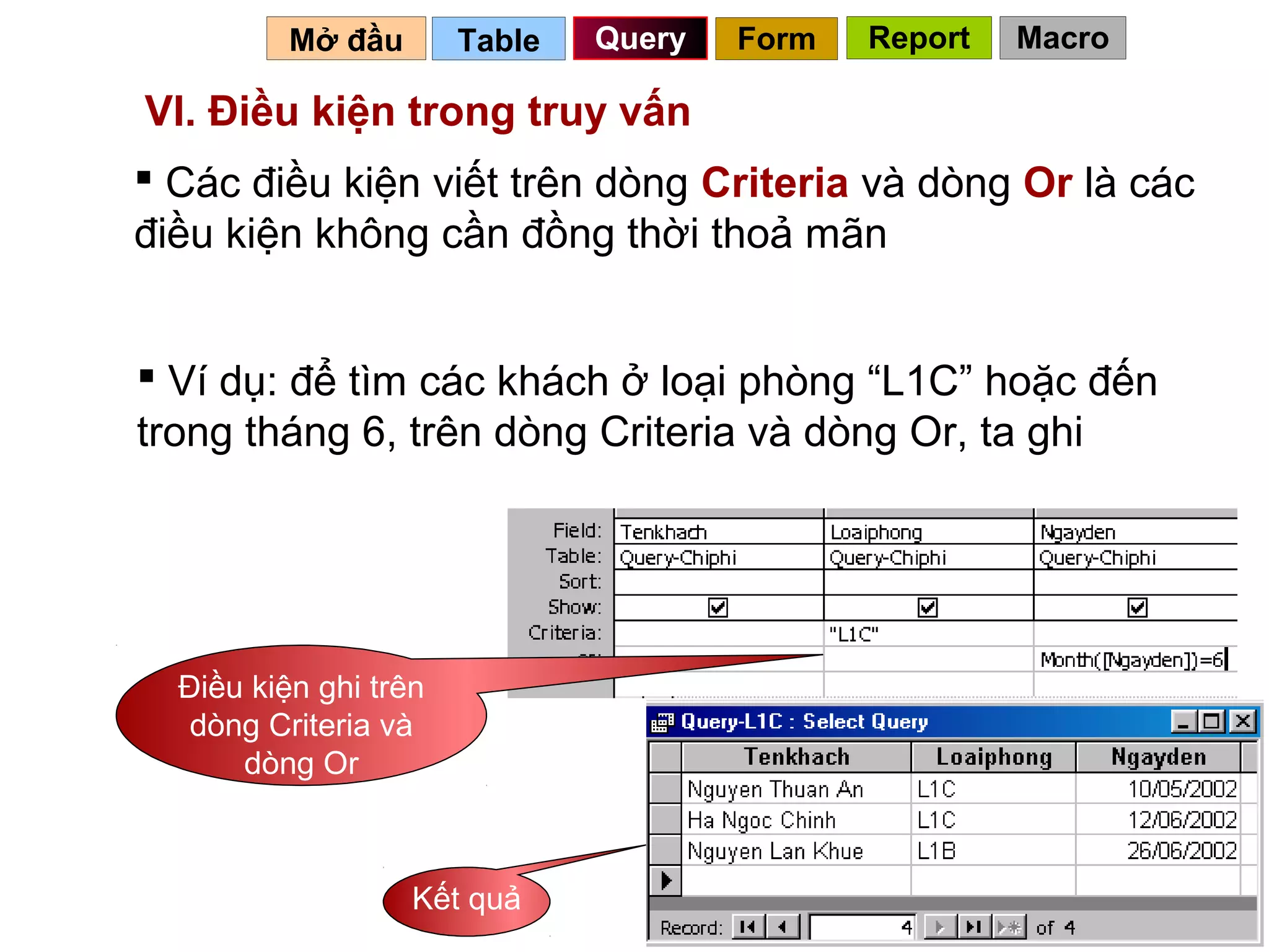 Mở đầu       Table   Query   Form   Report   Macro

VI. Điều kiện trong truy vấn
 Các điều kiện viết trên dòng Criteria và dòng Or là các
điều kiện không cần đồng thời thoả mãn


 Ví dụ: để tìm các khách ở loại phòng “L1C” hoặc đến
trong tháng 6, trên dòng Criteria và dòng Or, ta ghi




  Điều kiện ghi trên
   dòng Criteria và
      dòng Or



                   Kết quả                       67
 