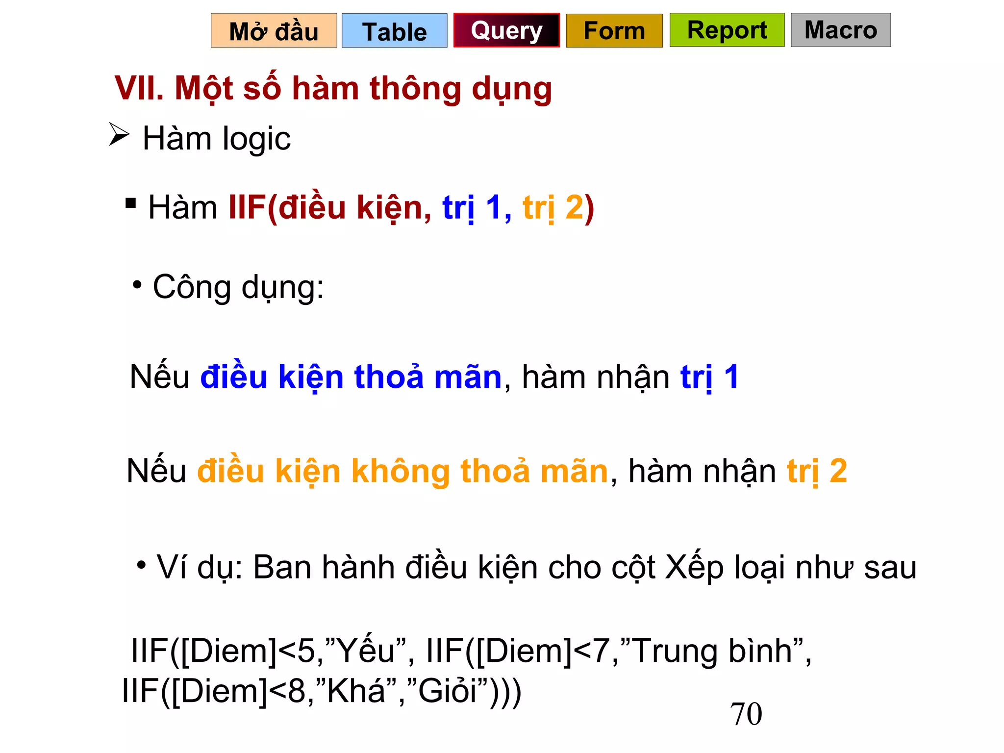 Mở đầu    Table   Query   Form   Report   Macro

VII. Một số hàm thông dụng
 Hàm logic

 Hàm IIF(điều kiện, trị 1, trị 2)

 • Công dụng:

 Nếu điều kiện thoả mãn, hàm nhận trị 1

 Nếu điều kiện không thoả mãn, hàm nhận trị 2

 • Ví dụ: Ban hành điều kiện cho cột Xếp loại như sau

 IIF([Diem]<5,”Yếu”, IIF([Diem]<7,”Trung bình”,
IIF([Diem]<8,”Khá”,”Giỏi”)))
                                         70
 