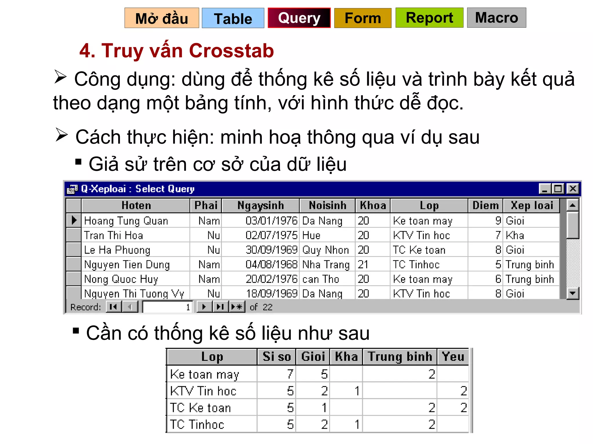 Mở đầu   Table   Query   Form   Report   Macro

   4. Truy vấn Crosstab
 Công dụng: dùng để thống kê số liệu và trình bày kết quả
theo dạng một bảng tính, với hình thức dễ đọc.
 Cách thực hiện: minh hoạ thông qua ví dụ sau
   Giả sử trên cơ sở của dữ liệu




   Cần có thống kê số liệu như sau



                                            75
 