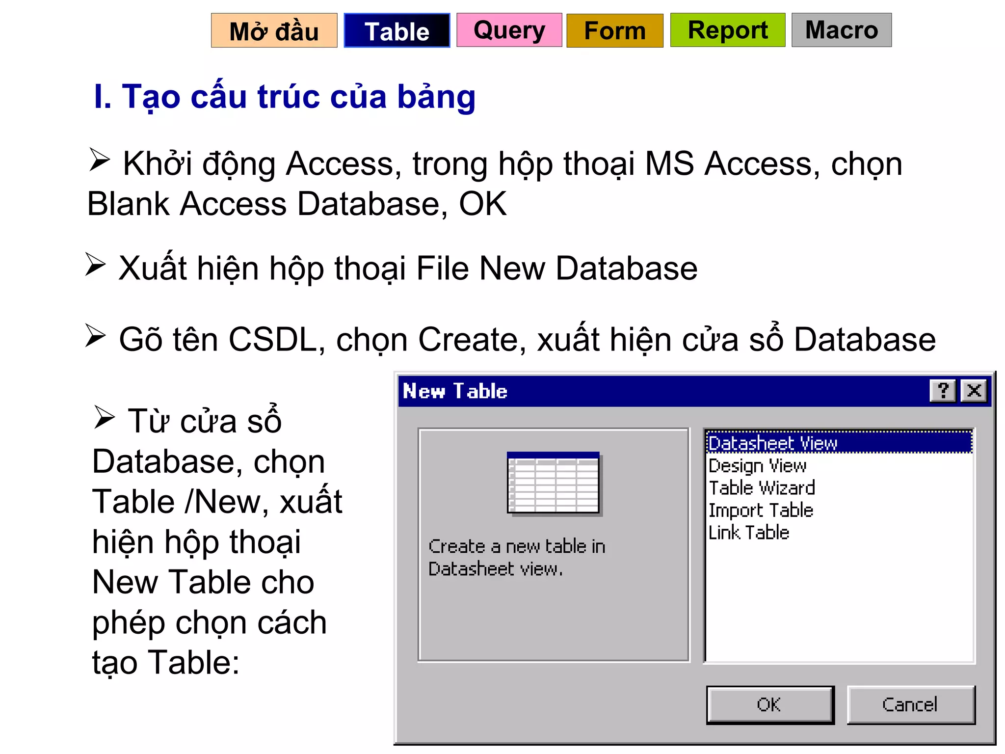 Mở đầu    Table   Query   Form   Report   Macro

I. Tạo cấu trúc của bảng
 Khởi động Access, trong hộp thoại MS Access, chọn
Blank Access Database, OK
 Xuất hiện hộp thoại File New Database

 Gõ tên CSDL, chọn Create, xuất hiện cửa sổ Database

 Từ cửa sổ
Database, chọn
Table /New, xuất
hiện hộp thoại
New Table cho
phép chọn cách
tạo Table:
                                             9
 