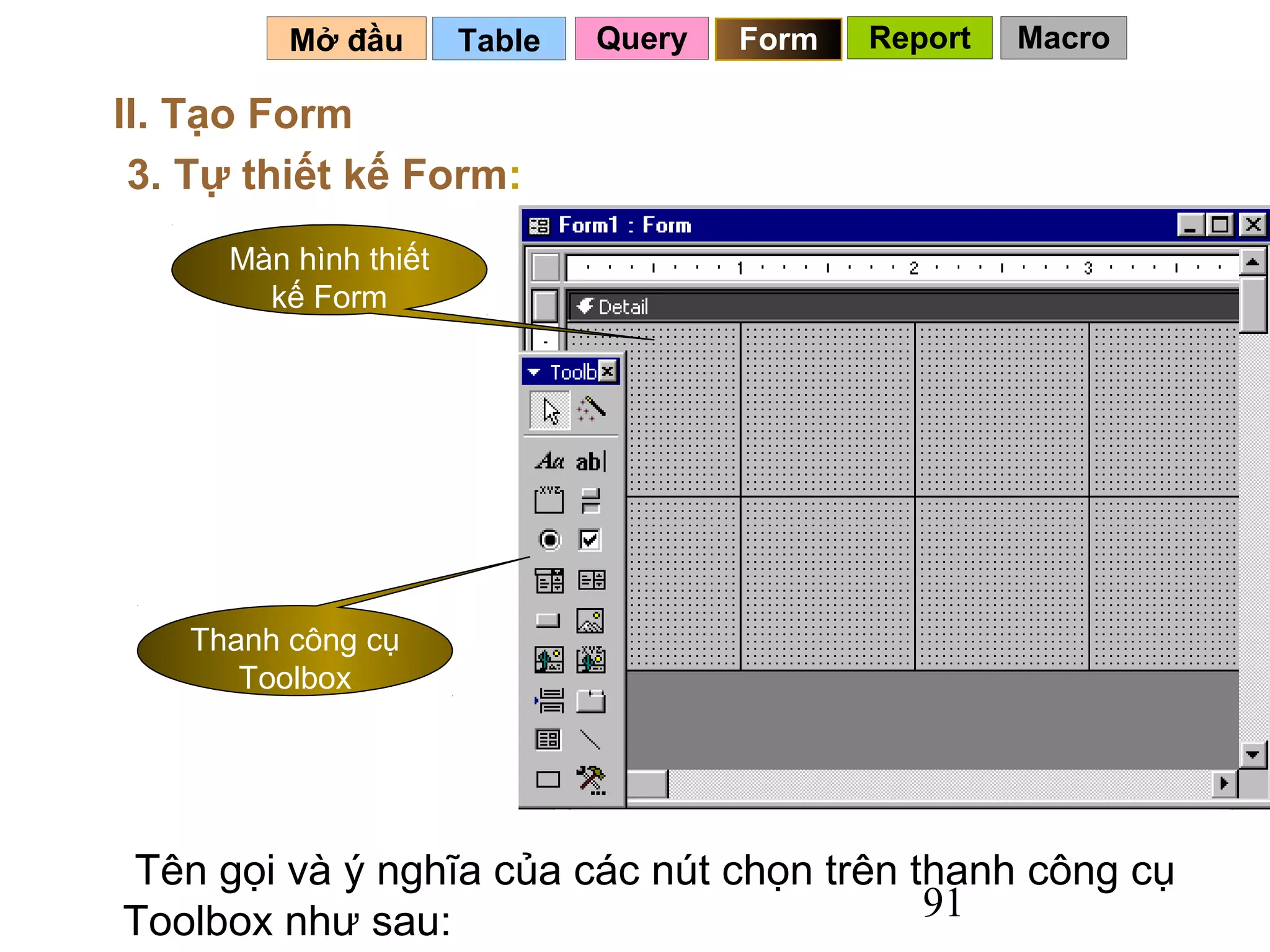 Mở đầu       Table   Query   Form   Report   Macro

II. Tạo Form
 3. Tự thiết kế Form:
     Màn hình thiết
       kế Form




   Thanh công cụ
      Toolbox




Tên gọi và ý nghĩa của các nút chọn trên thanh công cụ
Toolbox như sau:                          91
 
