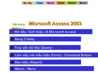 Mở đầu    Table   Query   Form   Report   Macro




 Nội dung   Microsoft Access 2003
 Mở đầu: Giới thiệu về Microsoft Access

 Bảng (Table)

 Truy vấn dữ liệu (Query)

 Làm việc với mẫu biểu (Form) - Command Button

 Báo biểu (Report)

 Macro - Menu                            1
 