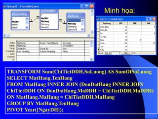 Minh họa:
TRANSFORM Sum(ChiTietDDH.SoLuong) AS SumOfSoLuong
SELECT MatHang.TenHang
FROM MatHang INNER JOIN (DonDatHang INNER JOIN
ChiTietDDH ON DonDatHang.MaDDH = ChiTietDDH.MaDDH)
ON MatHang.MaHang = ChiTietDDH.MaHang
GROUP BY MatHang.TenHang
PIVOT Year([NgayDH]);
 