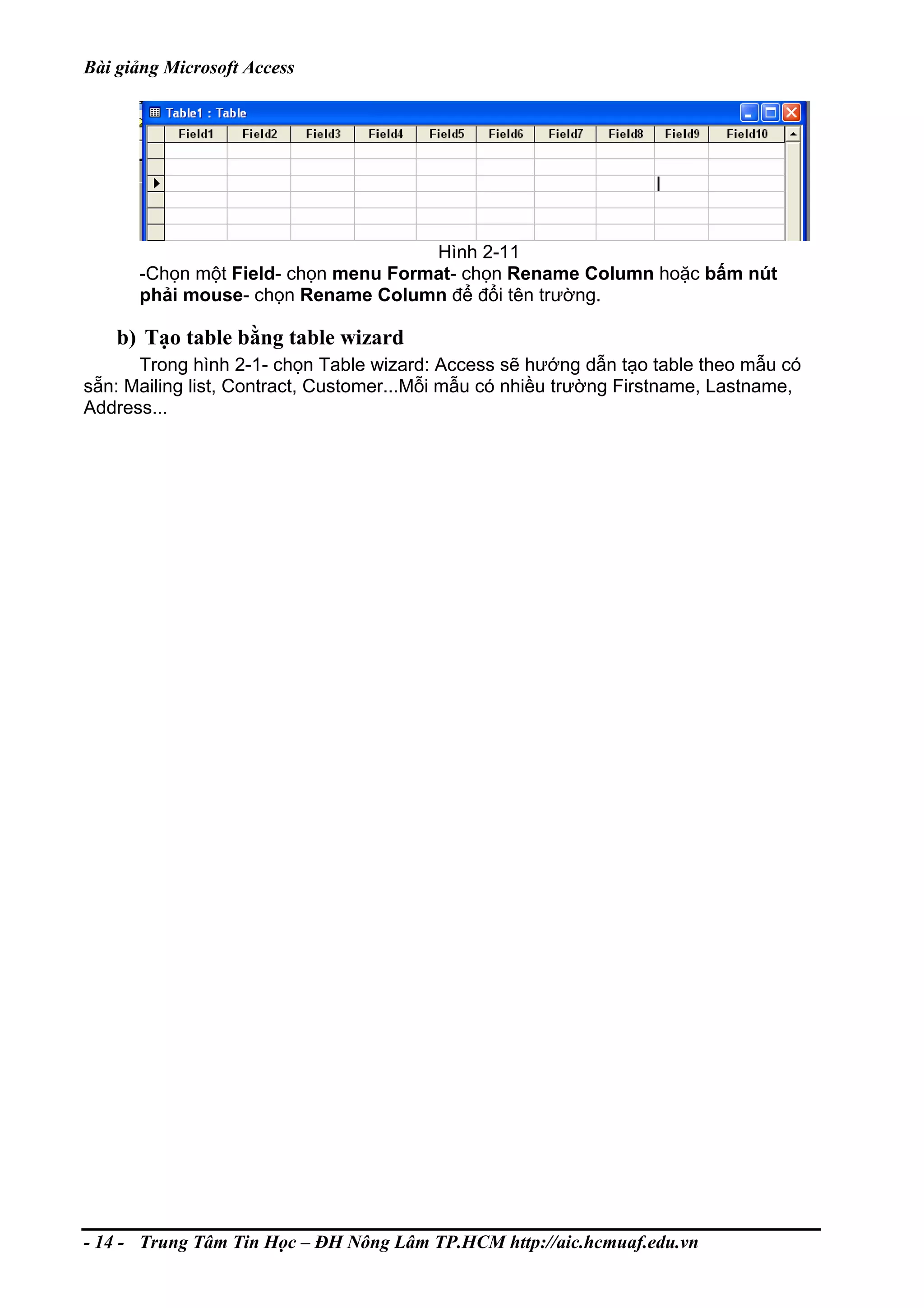 Bài giảng Microsoft Access
Hình 2-11
-Chọn một Field- chọn menu Format- chọn Rename Column hoặc bấm nút
phải mouse- chọn Rename Column để đổi tên trường.
b) Tạo table bằng table wizard
Trong hình 2-1- chọn Table wizard: Access sẽ hướng dẫn tạo table theo mẫu có
sẵn: Mailing list, Contract, Customer...Mỗi mẫu có nhiều trường Firstname, Lastname,
Address...
- 14 - Trung Tâm Tin Học – ĐH Nông Lâm TP.HCM http://aic.hcmuaf.edu.vn
 