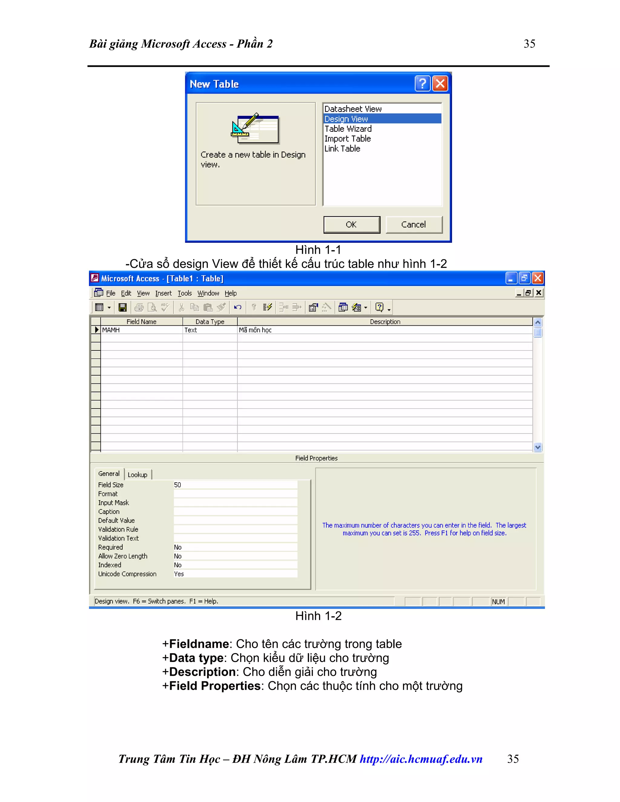 Bài giảng Microsoft Access - Phần 2 35
Hình 1-1
-Cửa sổ design View để thiết kế cấu trúc table như hình 1-2
Hình 1-2
+Fieldname: Cho tên các trường trong table
+Data type: Chọn kiểu dữ liệu cho trường
+Description: Cho diễn giải cho trường
+Field Properties: Chọn các thuộc tính cho một trường
Trung Tâm Tin Học – ĐH Nông Lâm TP.HCM http://aic.hcmuaf.edu.vn 35
 