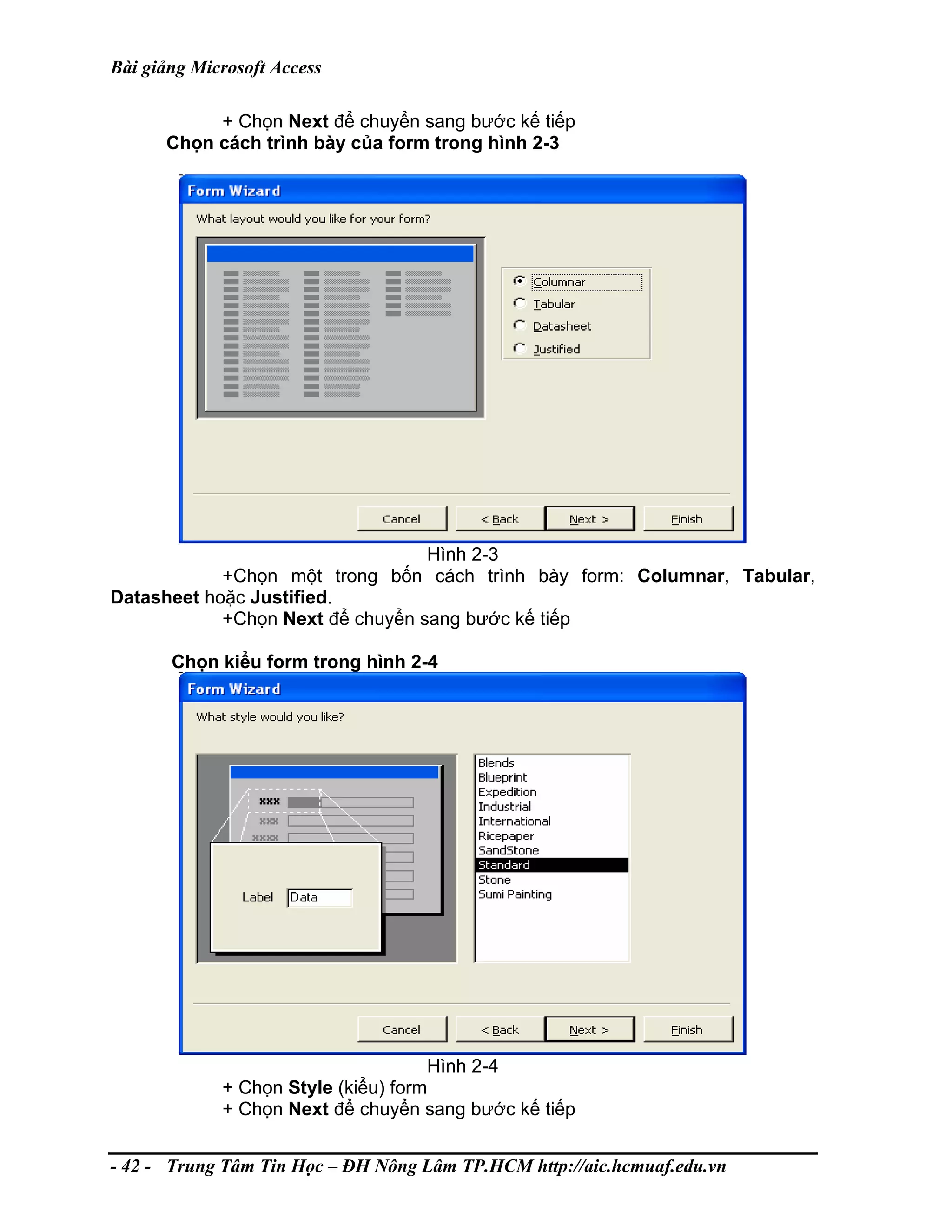 Bài giảng Microsoft Access
+ Chọn Next để chuyển sang bước kế tiếp
Chọn cách trình bày của form trong hình 2-3
Hình 2-3
+Chọn một trong bốn cách trình bày form: Columnar, Tabular,
Datasheet hoặc Justified.
+Chọn Next để chuyển sang bước kế tiếp
Chọn kiểu form trong hình 2-4
Hình 2-4
+ Chọn Style (kiểu) form
+ Chọn Next để chuyển sang bước kế tiếp
- 42 - Trung Tâm Tin Học – ĐH Nông Lâm TP.HCM http://aic.hcmuaf.edu.vn
 
