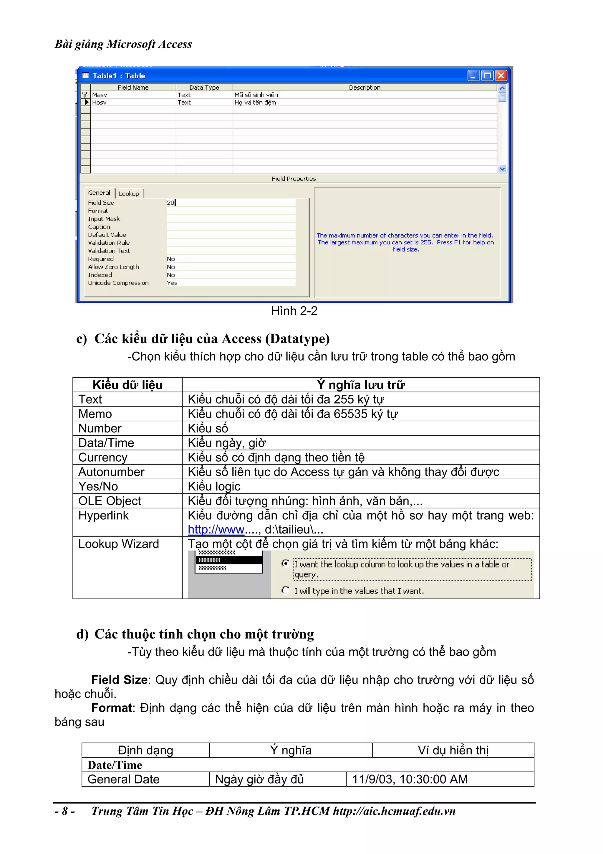 Bài giảng Microsoft Access
Hình 2-2
c) Các kiểu dữ liệu của Access (Datatype)
-Chọn kiểu thích hợp cho dữ liệu cần lưu trữ trong table có thể bao gồm
Kiểu dữ liệu Ý nghĩa lưu trữ
Text Kiểu chuỗi có độ dài tối đa 255 ký tự
Memo Kiểu chuỗi có độ dài tối đa 65535 ký tự
Number Kiểu số
Data/Time Kiểu ngày, giờ
Currency Kiểu số có định dạng theo tiền tệ
Autonumber Kiểu số liên tục do Access tự gán và không thay đổi được
Yes/No Kiểu logic
OLE Object Kiểu đối tượng nhúng: hình ảnh, văn bản,...
Hyperlink Kiểu đường dẫn chỉ địa chỉ của một hồ sơ hay một trang web:
http://www...., d:tailieu...
Lookup Wizard Tạo một cột để chọn giá trị và tìm kiếm từ một bảng khác:
d) Các thuộc tính chọn cho một trường
-Tùy theo kiểu dữ liệu mà thuộc tính của một trường có thể bao gồm
Field Size: Quy định chiều dài tối đa của dữ liệu nhập cho trường với dữ liệu số
hoặc chuỗi.
Format: Định dạng các thể hiện của dữ liệu trên màn hình hoặc ra máy in theo
bảng sau
Định dạng Ý nghĩa Ví dụ hiển thị
Date/Time
General Date Ngày giờ đầy đủ 11/9/03, 10:30:00 AM
- 8 - Trung Tâm Tin Học – ĐH Nông Lâm TP.HCM http://aic.hcmuaf.edu.vn
 