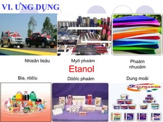 tt 
VI. ỨNG DỤNG 
Phaåm 
nhuoäm 
Dung moâi 
Myõ phaåm 
Döôïc phaåm 
Nhieân lieäu 
Bia, röôïu 
Etanol 
 