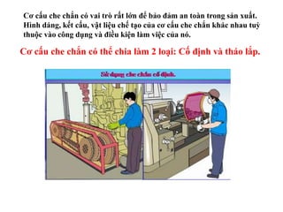 Cơ cấu che chắn có vai trò rất lớn để bảo đảm an toàn trong sản xuất.
Hình dáng, kết cấu, vật liệu chế tạo của cơ cấu che chắn khác nhau tuỳ
thuộc vào công dụng và điều kiện làm việc của nó.
Cơ cấu che chắn có thể chia làm 2 loại: Cố định và tháo lắp.
 