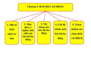 Chương 1: BẢO HỘ LAO ĐỘNG
1. Một số
khái
niệm cơ
bản
2. Mục
đích, ý
nghĩa, tính
chất của
bảo hộ lao
động
3. Nội
dung của
bảo hộ lao
động
4. Chế độ
chính sách
bảo hộ lao
động
5. Trách
nhiệm của
công nhân
với BHLĐ
 