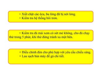 + Xiết chặt các êcu, bu lông đã bị nới lỏng.
+ Kiểm tra hệ thống bôi trơn.
+ Kiểm tra đá mài xem có sứt mẻ không, cho đá chạy
thử trong 5 phút, khi thử đứng tránh xa một bên.
+ Điều chỉnh đèn cho phù hợp với yêu cầu chiếu sáng.
+ Lau sạch bàn máy để gá chi tiết.
 