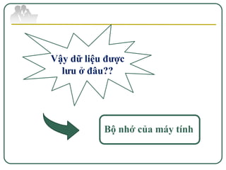 Vậy dữ liệu được
  lưu ở đâu??




           Bộ nhớ của máy tính
 