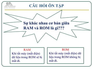 CÂU HỎI ÔN TẬP



        Sự khác nhau cơ bản giữa
        RAM và ROM là gì???




          RAM                        ROM
Khi tắt máy (mất điện)    Khi tắt máy (mất điện) dữ
dữ liệu trong ROM sẽ bị   liệu trong ROM không bị
mất đi.                   mất đi.
 